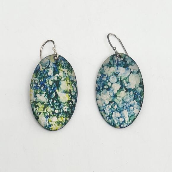 Handmade Oval Shaped Hand Painted Speckle Dangle Earrings Blue Green Pierced - Picture 1 of 3